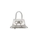 Mini silver tote bag with rhinestone bow and chain strap on a white background - Silver