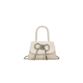 Elegant beige mini square bag with rhinestone bow and silver chain strap for women - Off White