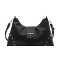 Black punk style crescent shoulder bag with silver studs and oversized buckle - Black