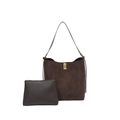Set borsa tote in pelle scamosciata marrone scuro con chiusura dorata e pochette - Marrone