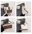Detail shots of color-block PU leather bucket bag with front pocket and adjustable strap - Khaki (White and Brown Color-block)