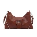 Retro brown rivet tote bag with silver buckle and punk style shoulder strap on white backdrop - Brown