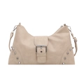 Retro beige tote bag with silver rivets and metal buckle on white background - Off White