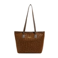 Leopard print tote bag with brown leather handles and golden New York text branding - Brown