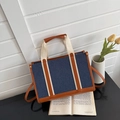 Tragetasche aus dunkelblauem Denim und braunem Leder mit modischem Griff und Gurt - Stil 3 (Dunkelblauer Denim)