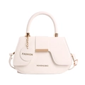 Minimalist beige saddle shoulder bag with golden hardware and fashion lettering - White
