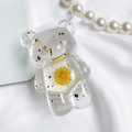 Transparente Bären-Handyhalterung mit echten Gänseblümchen und Goldfolien-Akzenten - Bärenhalter - Goldfolie Chrysantheme - Weiß