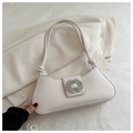 Elegant cream baguette shoulder bag with oversized crystal square buckle detail - White