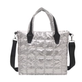 Silver metallic quilted tote bag with black straps and shiny puffer finish in modern style - Silver