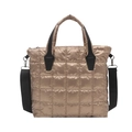 Champagne gold quilted puffer tote bag with black wide straps and detachable shoulder strap - Gold