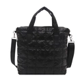 Fashionable black quilted puffer tote bag with adjustable strap and square texture - Black