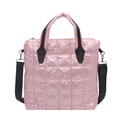 Pink quilted puffer tote bag with metallic finish, black leather handles and shoulder strap - Pink