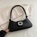 Elegant black baguette bag with luxury rhinestone buckle and minimalist knot shoulder strap - Black