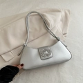 Silver metallic baguette underarm bag with rectangle rhinestone buckle and knot straps - Silver