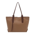 Brown woven texture large tote bag with dark shoulder straps on white background - Khaki