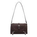 Dark brown leather shoulder bag with silver square buckle and decorative bottom zippers - Brown