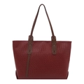 Large burgundy woven tote bag with brown handles, minimalist design on white background - Red