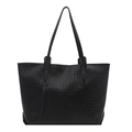 Minimalist black woven faux leather tote bag with long shoulder straps on white background - Black