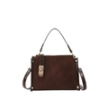 Quilted dark brown suede crossbody bag with gold buckle hardware and top handle - Coffee