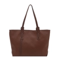 Brown woven tote bag with slim shoulder straps for casual or professional commute style - Brown