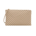 Beige envelope clutch bag with brown floral print and metallic zipper wristlet strap - Clover White