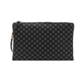 Minimalist black envelope clutch bag with grey quatrefoil pattern and gold wristlet - Clover - Black