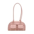 Pink faux leather shoulder bag featuring dual front pockets and long slim handles - No Pendant / Pink