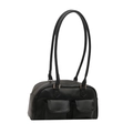 Retro black faux leather shoulder bag with long handles and dual front flap pockets - No Pendant / Black