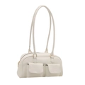 Ivory white pebble leather shoulder bag with double front flap pockets and slim handles - No Pendant / White