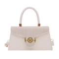 Creamy beige crossbody bag in tweed and leather patchwork with gold M buckle - White