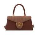 Elegante Damenhandtasche aus braunem Leder und Stoff mit goldener M-Schnalle - Braun