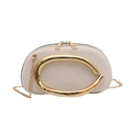 Elegant cream suede half-moon clutch bag with oversized gold oval handle and chain - White
