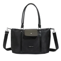 Borsa tote in tela nera con patta in pelle verde e tracolla regolabile rimovibile - Nero