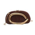 Brown suede half-moon evening bag with large gold C-shaped metal handle and chain strap - Brown