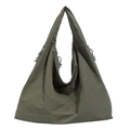 Minimalist olive green nylon hobo bag with adjustable drawstring sides and wide shoulder strap - Green
