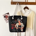 Klassische schwarze Canvas-Einkaufstasche mit Grafikdruck und Seilgriffen im Wohnstil - Schwarze Frau Kunst Slogan Druck