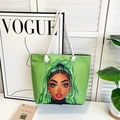 Borsa da spiaggia classica in tela verde con stampa cartoon e manici in corda per l'esterno - Stile 13