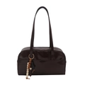 Sac polochon en cuir PU marron brillant avec longues anses et breloque en perles de bois - Café Avec Pendentif