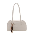 Sac à main minimaliste en similicuir beige avec breloque bohème et double poignée ronde - Blanc avec Pendentif