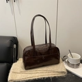 Glossy chocolate brown patent leather tote bag with long handles and front pocket - Coffee No Pendant