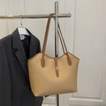 Minimalist camel pebble leather tote bag with silver buckle and long shoulder straps - Khaki