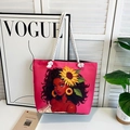 Classic outdoor pink canvas tote bag with bohemian ethnic print and rope handles - Pink Sunflower Afro Woman Print