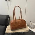 Chic brown glossy PU leather shoulder bag with decorative buckle and slim straps - Brown No Pendant