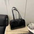 Glossy black patent leather Boston bag with metal buckle pocket and dual shoulder straps - Black