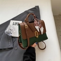 Brown and green leather tote with woven texture and silk scarf wrapped handle - Coffee and Green