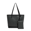Set borsa tote a scacchi con piccola pochette coordinata e manici in pelle nera di alta qualità - Nero