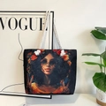 Classic canvas beach tote with artistic female portrait print and white rope handles - Style 8