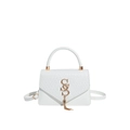Elegante weiße Lederhandtasche mit gewebter Klappe, goldenem S-Logo und Metallquaste - Weiß