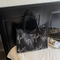 Retro black canvas tote bag with colorful wave embroidery and large capacity design - Black