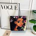 Classic canvas tote bag featuring artistic cartoon woman print and white rope handles - Style 18